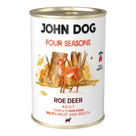 Karma mokra dla psa z linii Four Seasons – smak sarna. Puszka o pojemności 400 g. Na etykiecie ilustracja sarny w jesiennym lesie, napisy w kolorach czarnym i czerwonym, logo z jagodami goji.