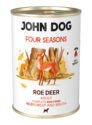 Karma mokra dla psa z linii Four Seasons – smak sarna. Puszka o pojemności 400 g. Na etykiecie ilustracja sarny w jesiennym lesie, napisy w kolorach czarnym i czerwonym, logo z jagodami goji.