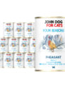 Zestaw dwunastu puszek karmy mokrej dla kota Four Seasons – smak bażant, każda puszka 400 g. Na etykiecie ilustracja kolorowego bażanta w ośnieżonym krajobrazie, napisy w niebieskim i czerwonym kolorze.