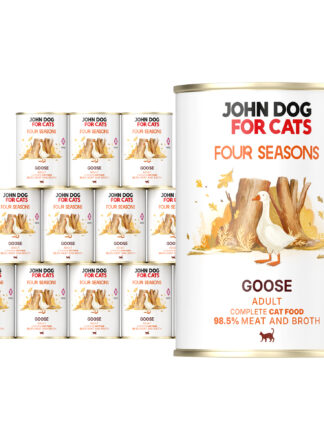 Zestaw dwunastu puszek karmy mokrej dla kota Four Seasons – smak gęś, pojemność 400 g każda. Etykieta z ilustracją białej gęsi w jesiennym lesie, w ciepłych odcieniach pomarańczu i brązu, napisy w kolorach czerwonym i pomarańczowym.