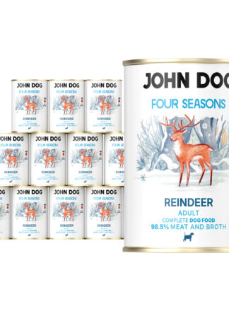 Zestaw dwunastu puszek karmy mokrej dla psa Four Seasons – smak renifer, pojemność 400 g. Etykieta z wizerunkiem renifera w ośnieżonym lesie, napisy w kolorach niebieskim i czarnym.
