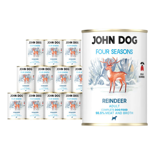 Zestaw dwunastu puszek karmy mokrej dla psa Four Seasons – smak renifer, pojemność 400 g. Etykieta z wizerunkiem renifera w ośnieżonym lesie, napisy w kolorach niebieskim i czarnym.