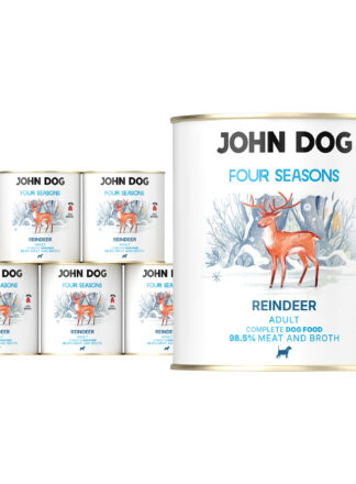 Zestaw sześciu puszek karmy mokrej dla psa Four Seasons – smak renifer, każda puszka o pojemności 800 g. Na etykiecie ilustracja renifera w zimowym krajobrazie, kolorystyka niebiesko-biała z akcentami czerwieni.