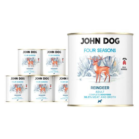 Zestaw sześciu puszek karmy mokrej dla psa Four Seasons – smak renifer, każda puszka o pojemności 800 g. Na etykiecie ilustracja renifera w zimowym krajobrazie, kolorystyka niebiesko-biała z akcentami czerwieni.