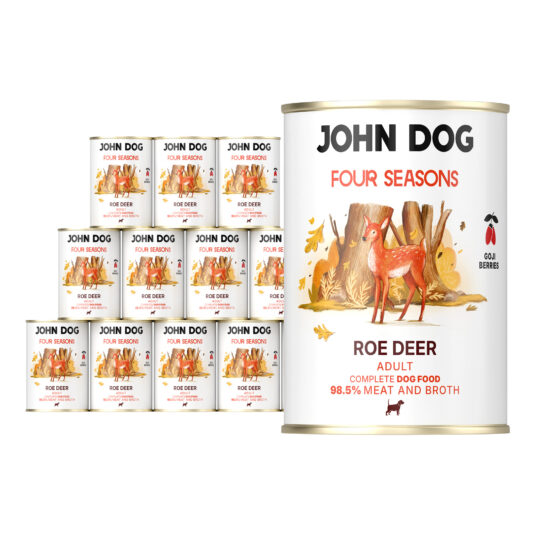 Zestaw dwunastu puszek karmy mokrej dla psa Four Seasons – smak sarna, każda puszka 400 g. Na etykiecie widoczna ilustracja sarny w jesiennym otoczeniu oraz napisy w kolorach czarnym i czerwonym.