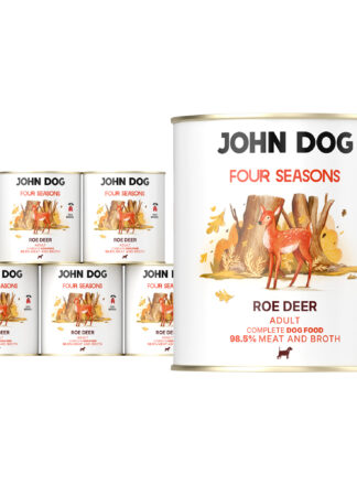 Zestaw sześciu puszek karmy mokrej dla psa Four Seasons – smak sarna, pojemność 800 g. Etykieta z ilustracją sarny w jesiennym lesie, dominują kolory pomarańczowy, złoty i brązowy.