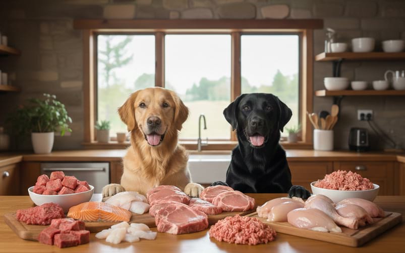 Dwa psy – golden retriever i czarny labrador – siedzą za kuchennym stołem, na którym leżą różne rodzaje surowego mięsa i ryb.