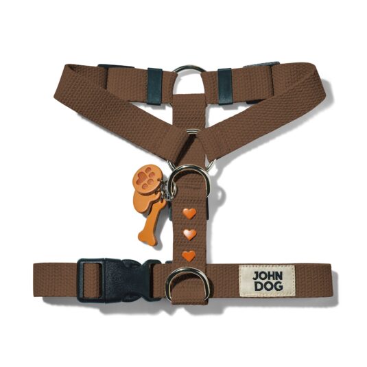 Brązowe bawełniane szelki guard dla psa John Dog z ozdobnymi elementami i kółkami do przypięcia smyczy, widok od frontu.