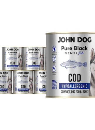 Zestaw sześciu puszek 800 g mokrej karmy hypoalergicznej dla psa John Dog Pure Black Sensi Fish Cod; etykiety z ilustracją dorsza, zdjęciem psa rasy husky i oznaczeniami formuły monobiałkowej bez zbóż i kurczaka.