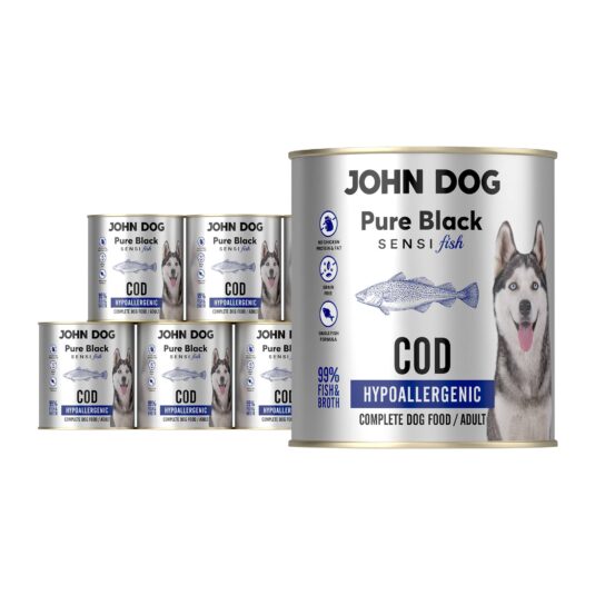 Zestaw sześciu puszek 800 g mokrej karmy hypoalergicznej dla psa John Dog Pure Black Sensi Fish Cod; etykiety z ilustracją dorsza, zdjęciem psa rasy husky i oznaczeniami formuły monobiałkowej bez zbóż i kurczaka.