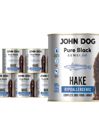 Zestaw sześciu puszek 800 g mokrej karmy hypoalergicznej dla psa John Dog Pure Black Sensi Fish Hake; opakowania z ilustracją morszczuka i psem o długiej sierści; monobiałkowa formuła bez zbóż i kurczaka.