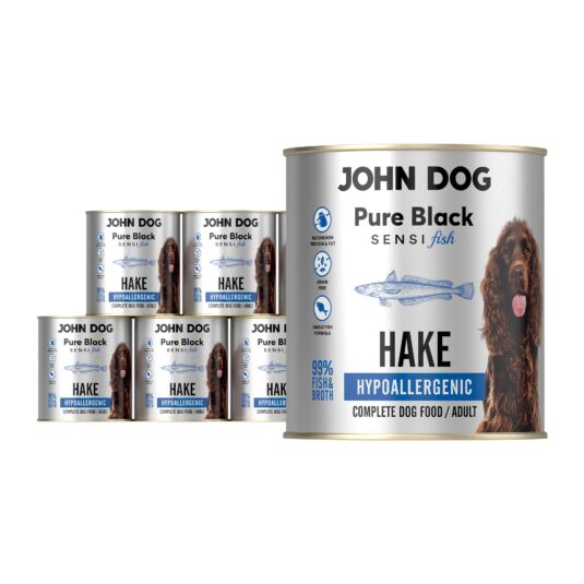 Zestaw sześciu puszek 800 g mokrej karmy hypoalergicznej dla psa John Dog Pure Black Sensi Fish Hake; opakowania z ilustracją morszczuka i psem o długiej sierści; monobiałkowa formuła bez zbóż i kurczaka.