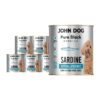 Zestaw sześciu puszek 800 g mokrej karmy hypoalergicznej dla psa John Dog Pure Black Sensi Fish Sardine; opakowania z ilustracją sardynki, informacją o monobiałkowej formule, braku zbóż oraz psem rasy pudel.