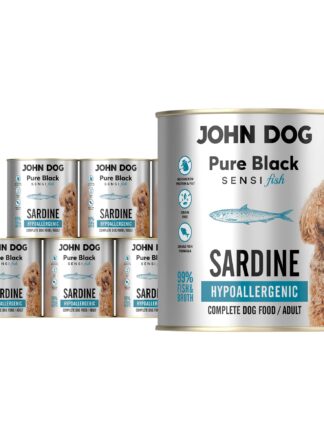 Zestaw sześciu puszek 800 g mokrej karmy hypoalergicznej dla psa John Dog Pure Black Sensi Fish Sardine; opakowania z ilustracją sardynki, informacją o monobiałkowej formule, braku zbóż oraz psem rasy pudel.