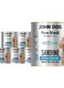 Zestaw sześciu puszek 800 g mokrej karmy hypoalergicznej dla psa John Dog Pure Black Sensi Fish Sardine; opakowania z ilustracją sardynki, informacją o monobiałkowej formule, braku zbóż oraz psem rasy pudel.