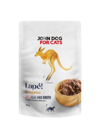 Saszetka mokrej karmy dla kota Lape kangur John Dog for Cats – widok od przodu. Na etykiecie umieszczony jest rysunek kangura na środku, a pod nim zdjęcie brązowej miseczki wypełnionej karmą. Etykieta jest w białym kolorze.
