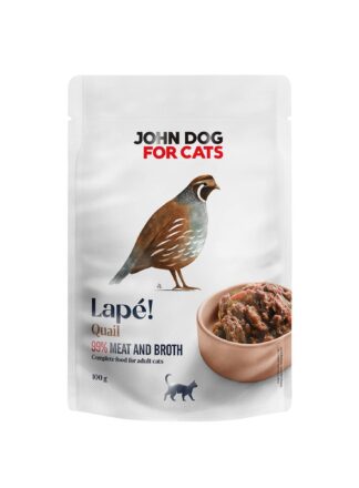 Saszetka mokrej karmy dla kota Lape przepiórka John Dog for Cats – widok od przodu. Na etykiecie umieszczony jest rysunek przepiórki na środku, a pod nim zdjęcie brązowej miseczki wypełnionej karmą. Etykieta jest w białym kolorze.