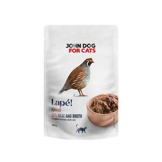 Saszetka mokrej karmy dla kota Lape przepiórka John Dog for Cats – widok od przodu. Na etykiecie umieszczony jest rysunek przepiórki na środku, a pod nim zdjęcie brązowej miseczki wypełnionej karmą. Etykieta jest w białym kolorze.