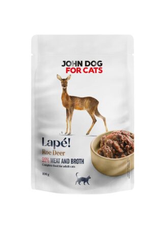 Saszetka mokrej karmy dla kota Lape sarna John Dog for Cats – widok od przodu. Na etykiecie umieszczony jest rysunek sarny na środku, a pod nim zdjęcie brązowej miseczki wypełnionej karmą. Etykieta jest w białym kolorze.