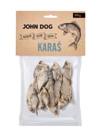 Opakowanie naturalnie suszonych gryzaków dla psa z ryby gatunku karaś – widok od przodu. Na etykiecie umieszczona jest grafika ryby karaś po prawej stronie, etykieta jest w beżowym kolorze.