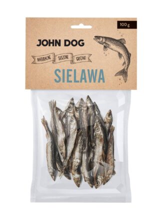 Opakowanie naturalnie suszonych gryzaków dla psa z ryby gatunku sielawa – widok od przodu. Na etykiecie umieszczona jest grafika ryby sielawy po prawej stronie, etykieta jest w beżowym kolorze.