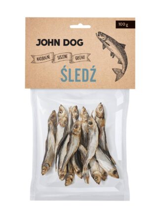 Opakowanie naturalnie suszonych gryzaków dla psa z ryby gatunku śledź – widok od przodu. Na etykiecie umieszczona jest grafika ryby śledź po prawej stronie, etykieta jest w beżowym kolorze.