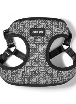 Bezuciskowe szelki dla psa John Dog Black w logo przedstawione od góry na białym tle, ukazujące miękką przednią część i pełne pokrycie materiałem.