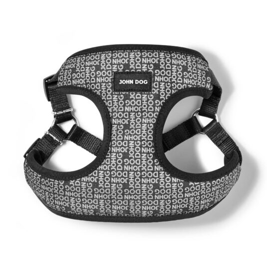 Bezuciskowe szelki dla psa John Dog Black w logo przedstawione od góry na białym tle, ukazujące miękką przednią część i pełne pokrycie materiałem.