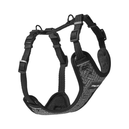 Bezuciskowe szelki guard dla psa John Dog Comfort Black w logo, przedstawione z boku na białym tle, z widocznymi klamrami i regulacją.