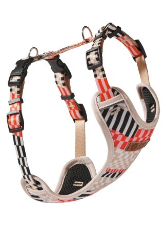 Bezuciskowe szelki typu guard dla psa John Dog Comfort Paris w kolorowy geometryczny wzór, widoczne z boku na białym tle.
