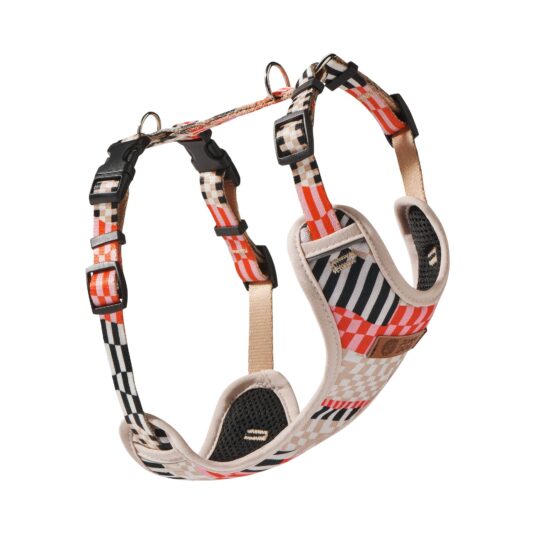 Bezuciskowe szelki typu guard dla psa John Dog Comfort Paris w kolorowy geometryczny wzór, widoczne z boku na białym tle.