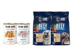 Dwie puszki mokrej karmy John Dog Four Seasons i dwa opakowania suchej karmy John Dog Berry Line