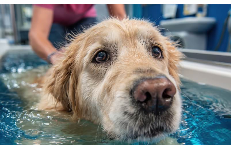 Golden retriever stoi w wodzie podczas zabiegu hydroterapii, a w tle widać osobę prowadzącą terapię.