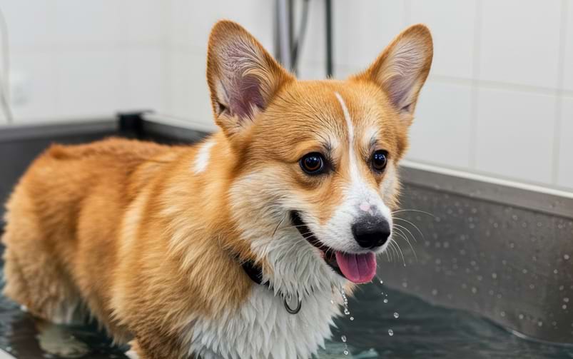 Corgi stoi na bieżni wodnej w gabinecie weterynaryjnym podczas rehabilitacji.