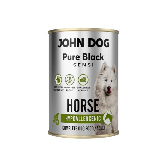 Puszka 400 g mokrej karmy monobiałkowej dla psa John Dog Pure Black Sensi Horse Hypoallergenic.