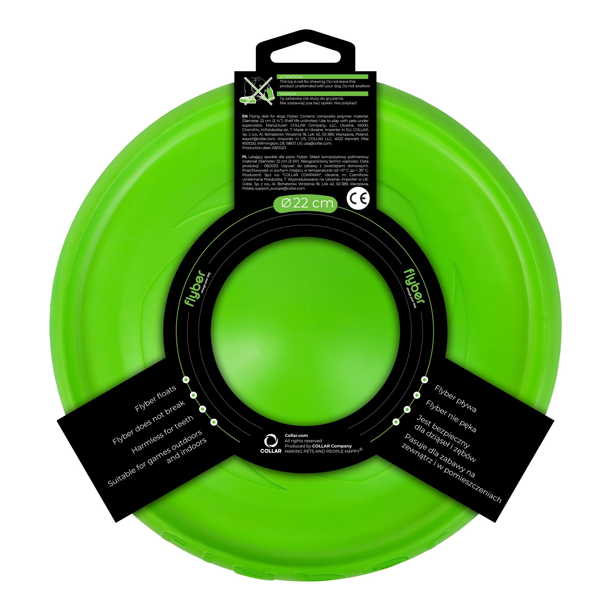 Dwustronny dysk latający w kolorze zielonym dla psa w czarnym opakowaniu marki Flyber.