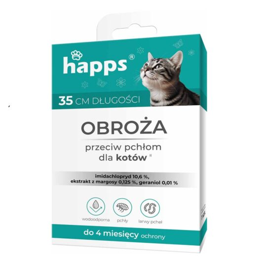 Obroża na pchły dla kota marki HAPPS w biało-niebieskim opakowaniu.