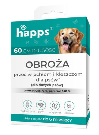 Obroża na pchły dla dużych psów marki HAPPS w biało-niebieskim opakowaniu.