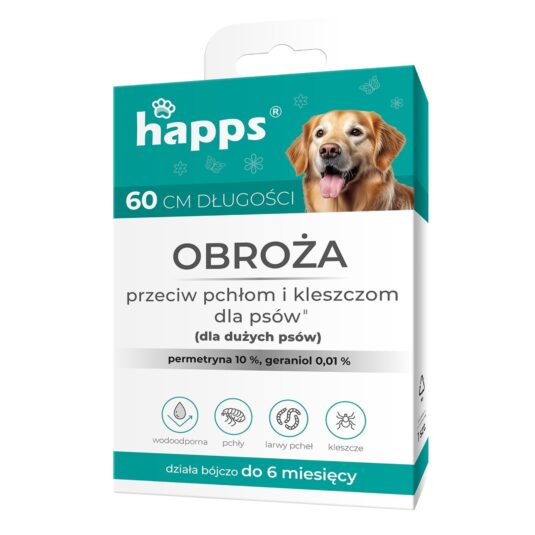 Obroża na pchły dla dużych psów marki HAPPS w biało-niebieskim opakowaniu.