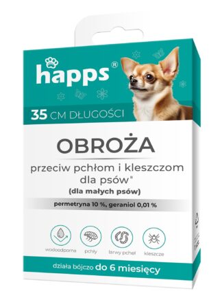 Obroża na pchły dla małych psów marki HAPPS w biało-niebieskim opakowaniu.