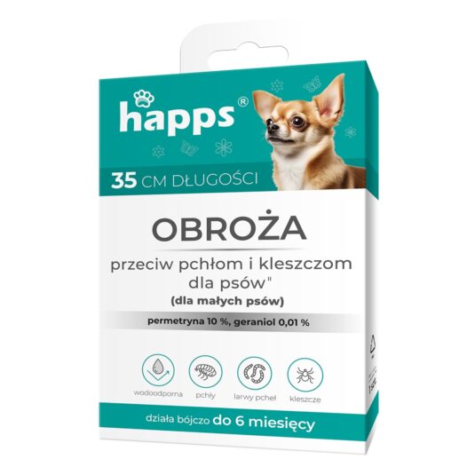 Obroża na pchły dla małych psów marki HAPPS w biało-niebieskim opakowaniu.