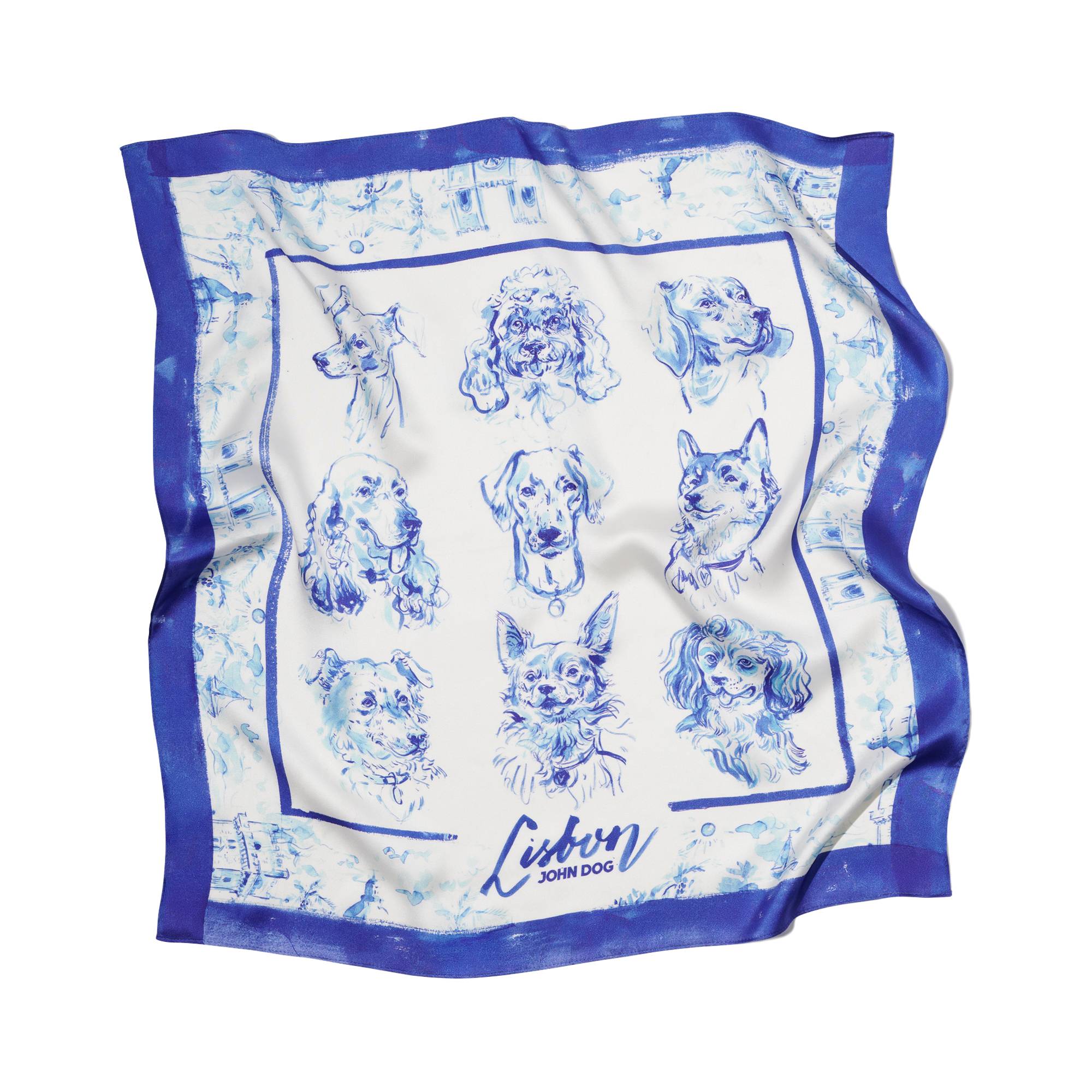 Kwadratowa apaszka John Dog z kolekcji Lizbona w kolorze biało-granatowym przedstawiająca rysunki portretów psów różnych ras z granatową obwódką. Na dole jest napis Lisbon, apaszka jest rozłożona na płasko z kilkoma marszczeniami.