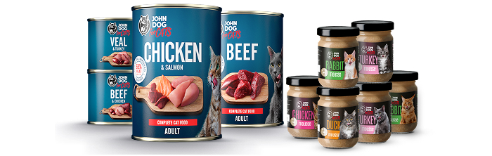 Opakowanie karm mokrych John Dog for Cats w puszkach i musów w słoikach dla kota na białym tle.