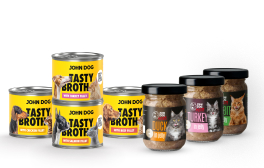 Opakowanie karm Tasty Broth i galaretek w słoiku na białym tle.