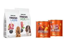 Opakowanie karm John Dog Fresh i Pumpkin Line na białym tle.
