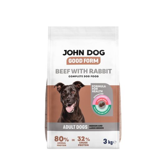 Brązowo-białe opakowanie suchej karmy GOOD FORM John Dog o smaku wołowiny z królikiem o pojemności trzy kilogramy dla dorosłych psów średnich i dużych ras. Na opakowaniu znajduje się czarny pies rasy mieszanej, widok z przodu.