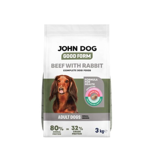 Zielono-białe opakowanie suchej karmy GOOD FORM John Dog o smaku wołowiny z królikiem o pojemności trzy kilogramy dla dorosłych psów małych ras. Na opakowaniu znajduje się brązowy pies rasy jamnik długowłosy, widok z przodu.