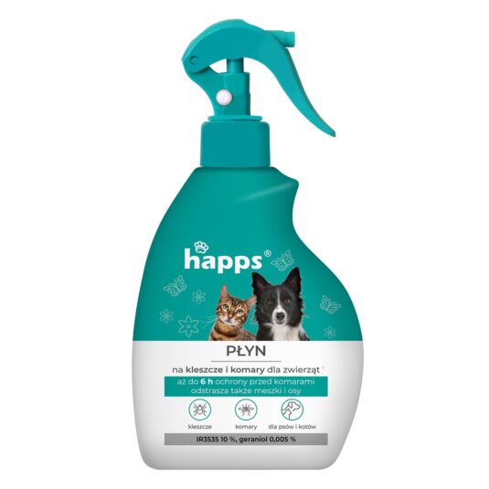 Płyn na kleszcze i komary dla zwierząt w biało-niebieskiej butelce z atomizerem.