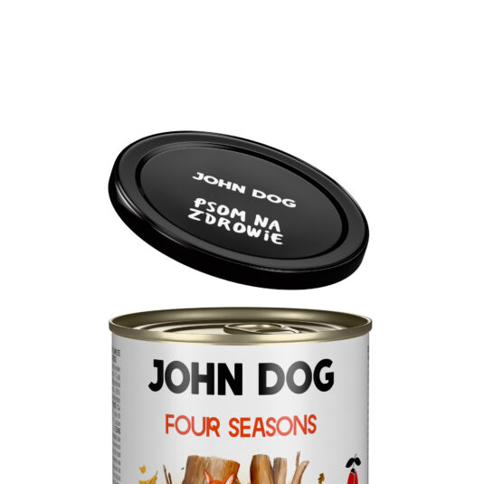 Zbliżenie na puszkę 400 g do karmy mokrej Four Season oraz dopasowaną czarną pokrywkę wielokrotnego użytku.