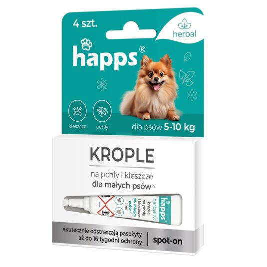 Krople na pchły i kleszcze dla małych psów marki HAPPS w biało-niebieskim opakowaniu.